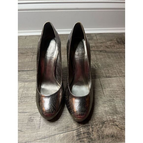 Tory Burch metallic silver crackle heels size 5.5 - Picture 1 of 5